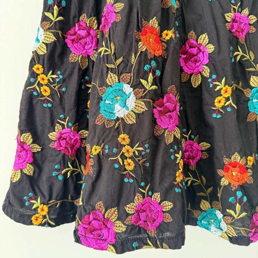 Johnny Was Black A-Line Skirt with Multicolor Floral Embroidery